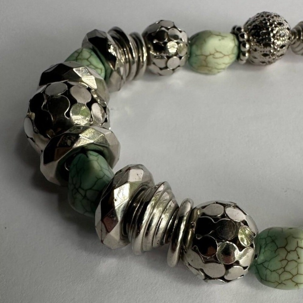 Chunky Silver Tone & Mint Green Beaded‎ Statement Necklace